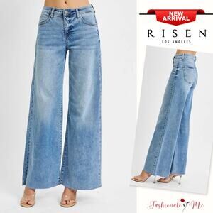 RISEN Tummy Control High Rise Waist Raw Hem Light Wash Ankle Palazzo Denim Jeans